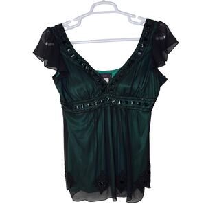 Vintage Y2K Marina Top Women's Large Blouse Flowy Black Green Vampire Fairy Bead
